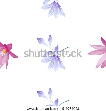 Purple Hatiora. Violet Agapanthus Lily. Vector illustration. Seamless background pattern. Floral botanical flower. Wild leaf wildflower isolated. Exotic tropical hawaiian jungle. Fabric wallpaper.