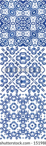Ornamental azulejo portugal tiles decor. Set of vector seamless patterns. Fashionable design. Blue gorgeous flower folk prints for linens, smartphone cases, scrapbooking, bags or T-shirts.