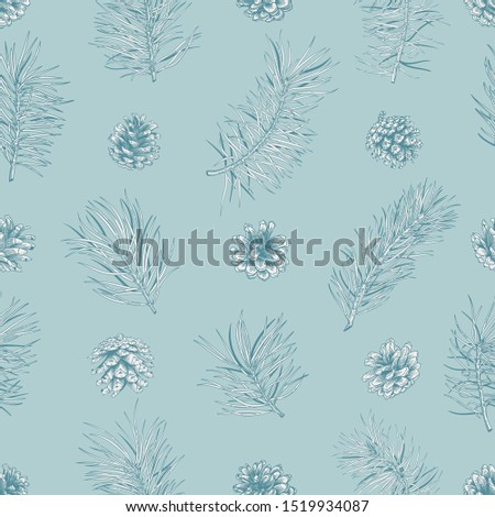 Vintage christmas seamless pattern. Botanical background with Pines and cones. Blue and white background.