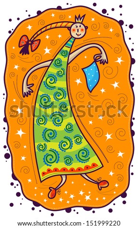 A thin, high princess dancing with a blue handkerchief in his hand. On a yellow background image white stars and purple spiral.