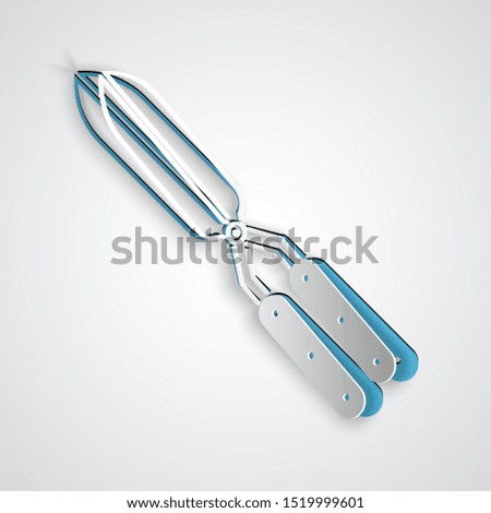 Paper cut Gardening handmade scissors for trimming icon isolated on grey background. Pruning shears with wooden handles. Paper art style. Vector Illustration