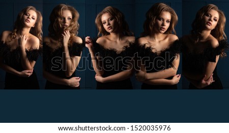 Collage of photos with beautiful glamorous woman with curly hair and perfect makeup posing with studio light. Empty space