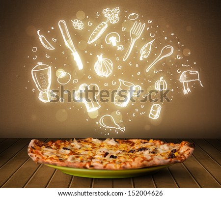 Pizza with white restaurant icons and symbols on wood deck