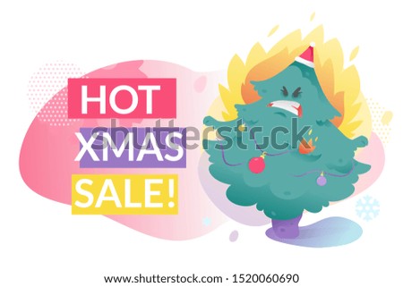 Hot Christmas sale web banner template with Christmas tree in Santa hat and bad mood on fire.