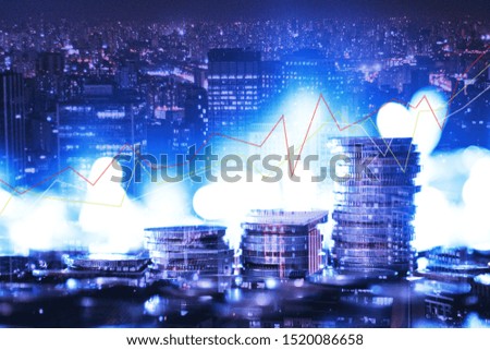 Financial investment concept, Double exposure of city night and stack of coins for finance investor, Forex trading candlestick chart economic , ECN Digital economy, business, money.