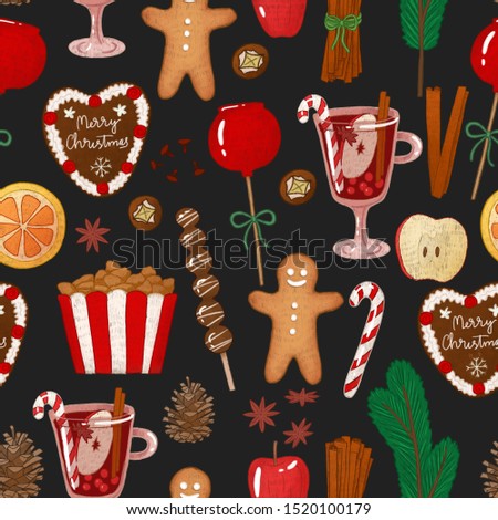 Seamless pattern with digital illustrations of christmas details on black background. 