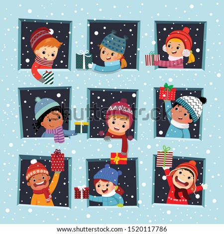 Vector illustration cartoon of happy kids at the windows giving Christmas gifts to their friends in winter season.