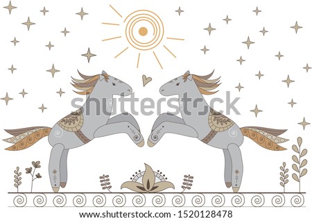 Beautiful card with horses, flowers and symbols.