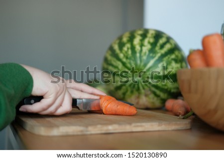 A girl cuts a carrot with a knife on a wooden cutting board to make a salad. The concept of healthy proper nutrition, diet. Veganism and Vegetarianism.