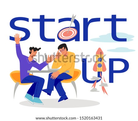 Start up banner or landing page with people cartoon characters, two businessmen inspired by creative successful idea, discussing development or investments strategy. Launching business project. Vector