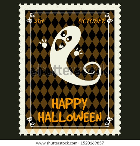 Happy Halloween Postage Stamps with ghost, halloween cartoon character symbol. Vector isolated retro vintage