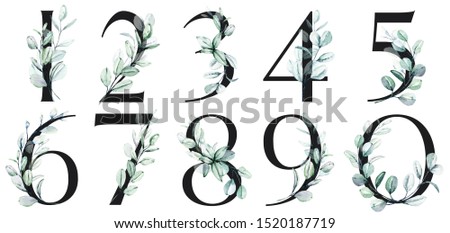 Number set with watercolor leaf eucalyptus. Perfectly for wedding invitations, greeting card, logo, poster and other floral design. Hand painting. Isolated on white background. 
