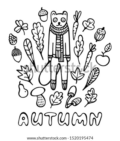 Autumn card. Hand drawn ferret wearing knitted scarf surrounded by leaves, mushrooms, carrots, acorns, and fruits. Black and white doodle vector illustration.  