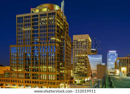Long exposure photo of the a city street in downtown Phoenix, Arizona at night. Royalty-Free Stock Photo #152019911