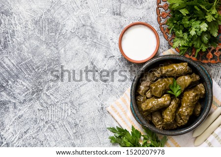 Traditional dolma  (sarma) in grape leaves with copyspace. Lebanon turkish greek middle eastern cuisine. Dinner food dolmadakia/