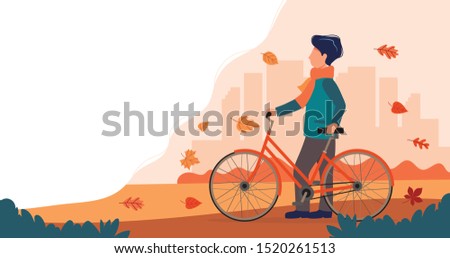 Man with a bike in autumn. Cute vector illustration in flat style.