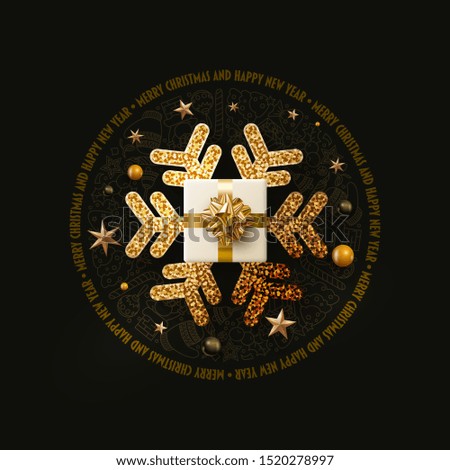 Merry Christmas and New Year greeting card design.  Black and gold color composition. Vector illustration. Elements are layered separately in vector file.