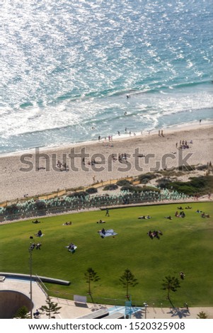 Ariel view of the foreshore of people on the lawn and skate parks, Scarborough foreshore, Perth Western Australia Sept 2019.
