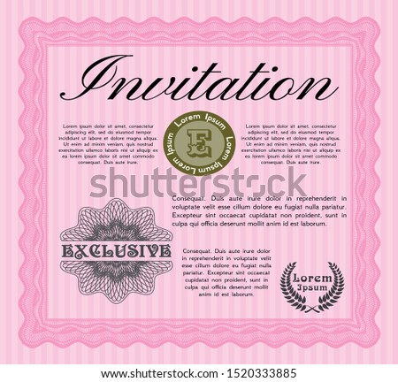 Pink Formal invitation template. With great quality guilloche pattern. Customizable, Easy to edit and change colors. Retro design. 