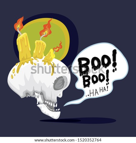 Halloween human skull with lit up with a yellow candle, illustration vector cartoon