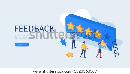 People Characters Giving Five Star Feedback. Clients Choosing Satisfaction Rating and Leaving Positive Review. Customer Service and User Experience Concept. Flat Isometric Vector Illustration. Royalty-Free Stock Photo #1520363309