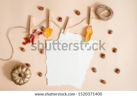 Autumn leaf composition, notebook. Dry bright leaves, nuts. knitted yellow warm scarf, golden pumpkin. The concept of cozy autumn. greeting card. Trend torn Paper. Flat lay, top view. copy space.