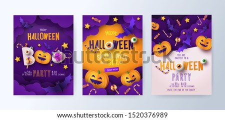 Halloween Party invitations, greeting cards, or posters Set with calligraphy, cutest pumpkins, bats and candy in night clouds. Design template for advertising, web, social media. Paper cut style