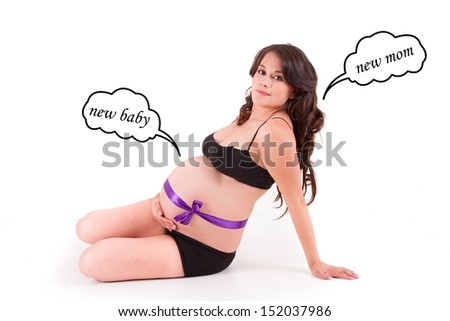 new mom sign and Beautiful pregnant woman- isolated over a white background