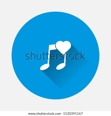 Vector note icon and heart icon. Favorite melody on blue background. Flat image with long shadow.
