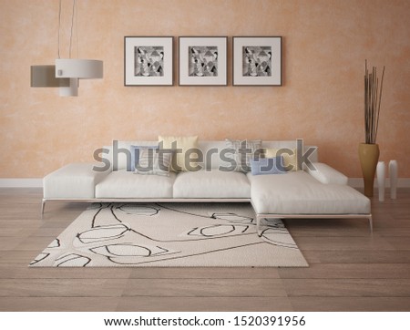 Mock up a stylish living room with a compact comfortable sofa and fashionable decorative plaster, 3d rendering.