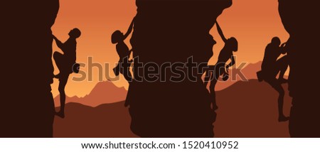 Black silhouettes of climbers on a cliff with mountains as a background. Vector illustration