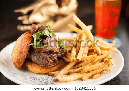 Burger and fries in the plate 