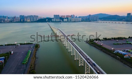  Aerial bird eye view Photography viewpoint urban landscape Sai Van Bridge Taipa District in Macau.