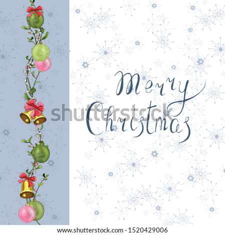 Christmas vertical border with mistletoe branches, gold bells, red bows, pink and green balls.Phrase Merry Christmas.For your design, leaflet, advertisement, greeting cards, invitation, posters.Vector