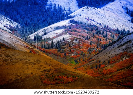 Mountain landscape in late fall with autumn tree colors and first snow
