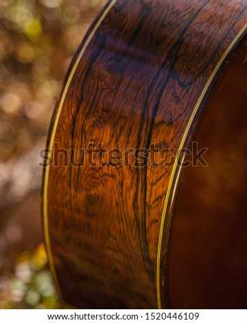 Stock photograph of the wooden texture on a acoustic guitar body in autumn forest