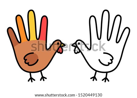 Simple and cute hand print turkey drawing for Thanksgiving day. Color doodle and empty line art for coloring. Isolated vector clip art illustration.