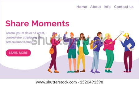 Share moments landing page vector template. Blogging website interface idea with flat illustrations. Making selfie homepage layout. Teenager culture web banner, webpage cartoon concept