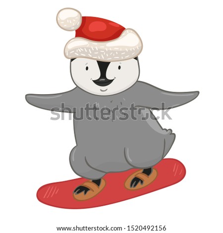 Penguin on a snowboard isolated on a white background.
