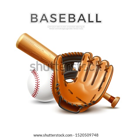 Baseball tournament flyer, poster template. Realistic baseball bat, leather glove and ball for championship promotion, betting poster vector design. Team sport league banner.