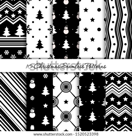 10 Christmas seamless patterns in black and white colours