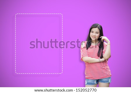 Asian girl with a blank dotted lines on a purple background