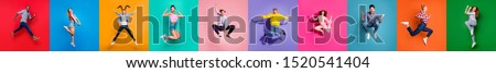 Collage of ten glad carefree attractive shiny modern multiethnic delight millennials person youngsters have diferent age good mood flying air isolated over color background travel sale summer concept Royalty-Free Stock Photo #1520541404