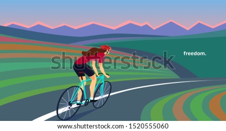 Pair of cyclists  riding on the road near the hills and mountains. Banner format. Fast road bikers editable vector illustration. 