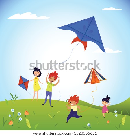 Kids play field with kites concept background. Cartoon illustration of kids play field with kites vector concept background for web design