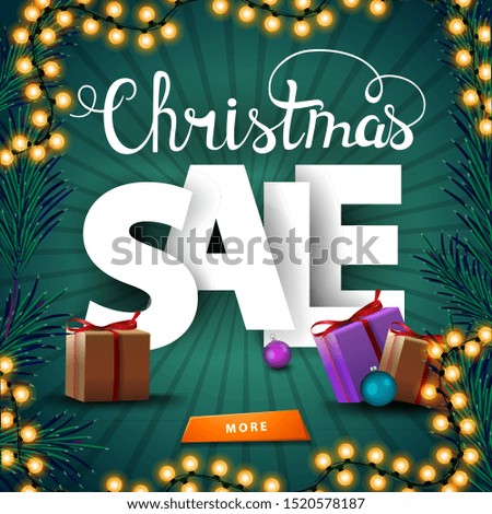 Christmas sale, square green discount banner with garland, Christmas tree branch and presents