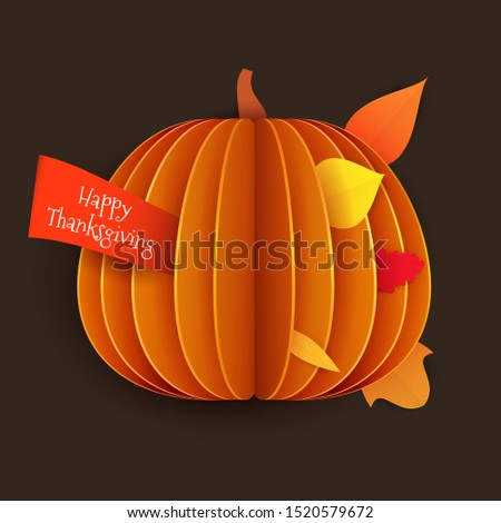 Big pumpkin with autumn leaves in paper cut style. Concept background for thanksgiving day. Minimalistic vector design template for greeting card, cover, poster, banner.