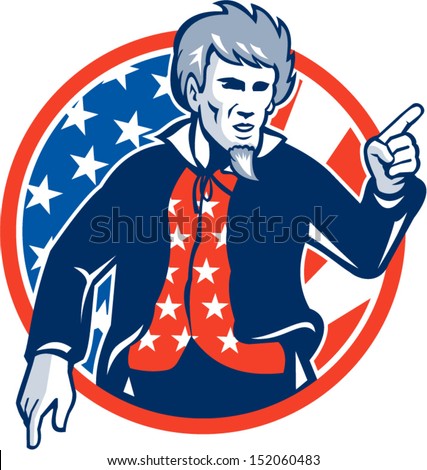 Illustration of Uncle Sam pointing a finger at you set inside circle with stars and stripes American flag viewed from front.