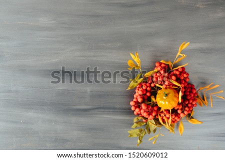 Autumn composition. Pumpkin, colored leaves, hawthorn berries and Rowan on a wooden background. Thanksgiving and Halloween concept. View from above. Top view. Copy space for text and design