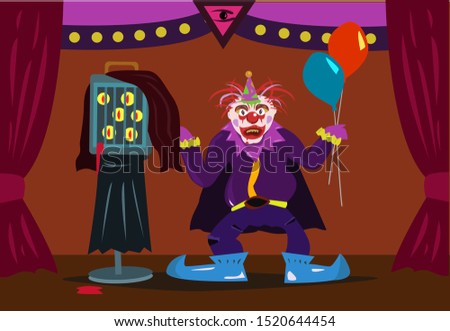 A freaky clown reveals a cage with monster eyes on stage with vintage motif. Editable Clip Art.